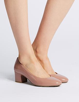Wide Fit Patent  Block Heel Court Shoes