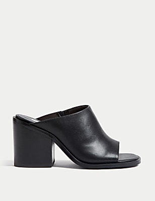 Leather Block Heel Open Toe Mules
