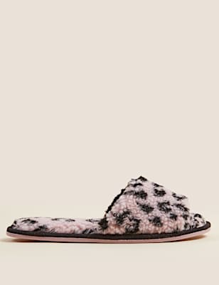 Borg Leopard Print Open Toe Mule Slippers
