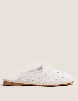 Embroidered Faux Fur Lined Mule Slippers