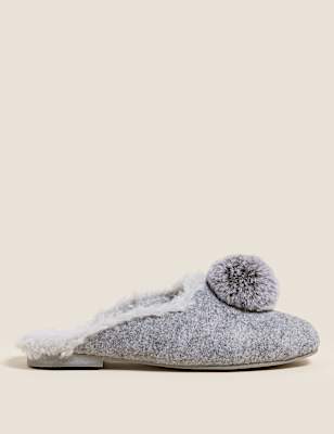 Felt Pom Pom Faux Fur Mule Slippers