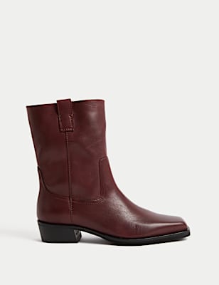 Leather Block Heel Chisel Toe Ankle Boots