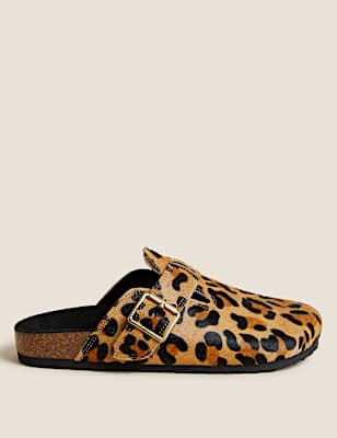 Leather Leopard Print Buckle Clog Mules