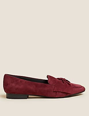Suede Bow Flat Square Toe Loafers