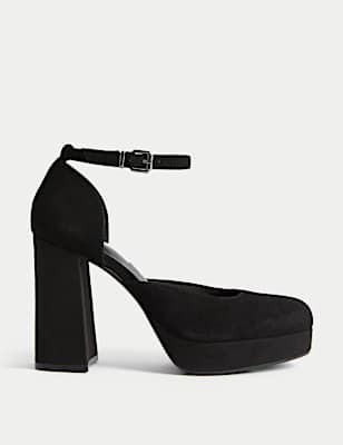 Suede Ankle Strap Platform Square Toe Heels