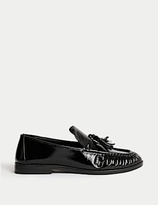 Leather Patent Ruched Tassel Flat Loafers