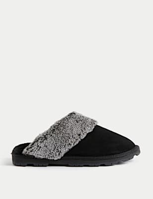Suede Faux Fur Lined Mule Slippers