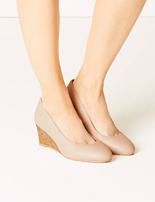 Leather Wide Fit Wedge Heel Court Shoes