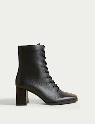 Leather Lace Up Block Heel Ankle Boots