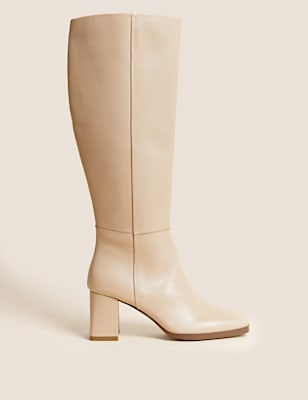 Leather Block Heel Knee High Boots