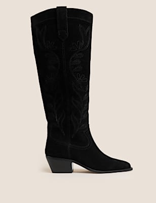 Suede Western Block Heel Knee High Boots
