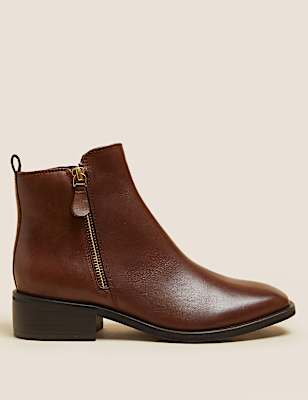 Leather Block Heel Square Toe Ankle Boots