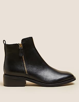 Leather Block Heel Square Toe Ankle Boots