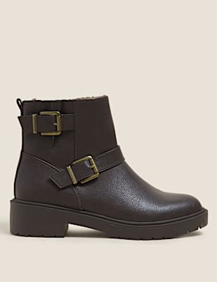 Biker Faux Fur Buckle Ankle Boots