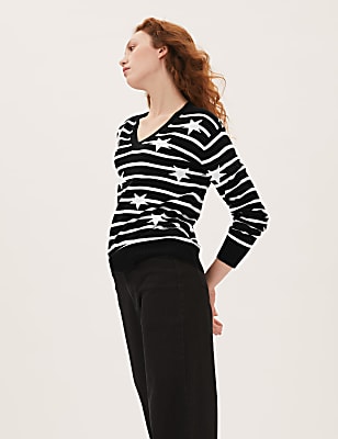 Supersoft Striped Star V-Neck Jumper