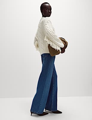 Cable Knit V-Neck Fringe Cardigan