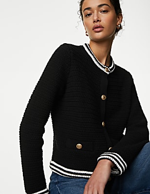 Cotton Blend Textured Crew Neck Cardigan