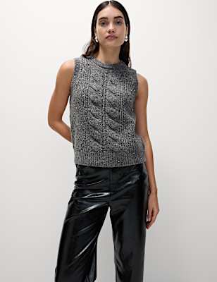 Cable Knit Sequin Knitted Vest with Wool