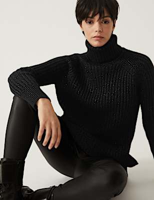 Ribbed Sparkly Roll Neck Longline Jumper