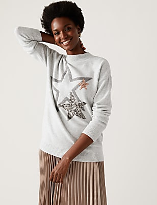 Sequin Star Crew Neck Relaxed Jumper