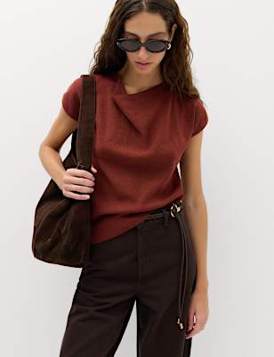 Draped Neck Knitted Top with Wool