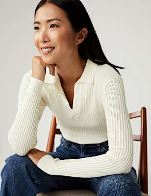 Ribbed Collared V-Neck Jumper