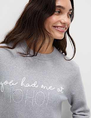 Slogan Crew Neck Jumper with Wool