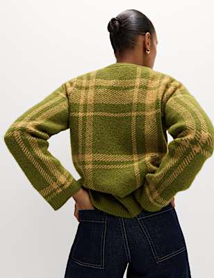 Checked Crew Neck Relaxed Fit Jumper With Wool