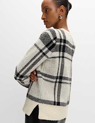 Checked Crew Neck Relaxed Fit Jumper With Wool