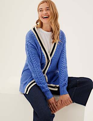 Cotton Rich Cable Knit V-Neck Cardigan