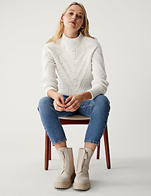 Textured Cable Knit Funnel Neck Jumper