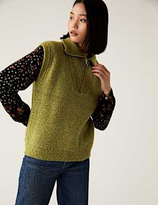 Ribbed Funnel Neck Relaxed Knitted Vest