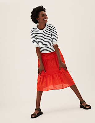 Cotton Rich Striped Puff Sleeve Knitted Top