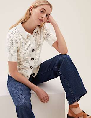 Cotton Rich Textured Collared Cardigan