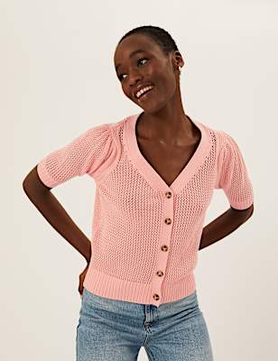 Cotton Rich V-Neck Short Sleeve Cardigan