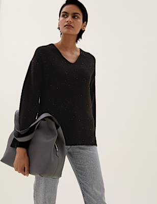Textured V-Neck Relaxed Jumper