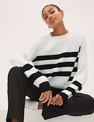 Ribbed Striped Crew Neck Relaxed Jumper