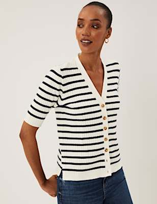Cotton Rich Striped Ribbed V-Neck Cardigan