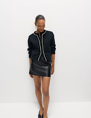 Gem Detail Crew Neck Cardigan with Wool