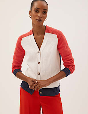 Cotton Rich Colour Block V-Neck Cardigan