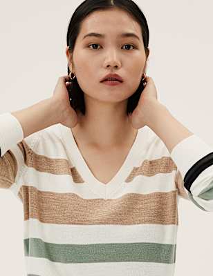 Supersoft Striped V-Neck Jumper