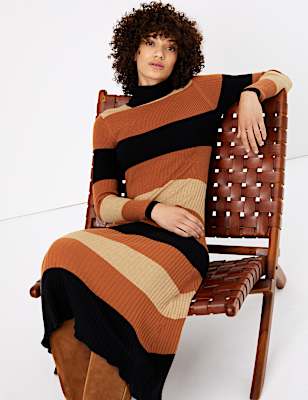 Striped Ribbed Fit & Flare Knitted Dress