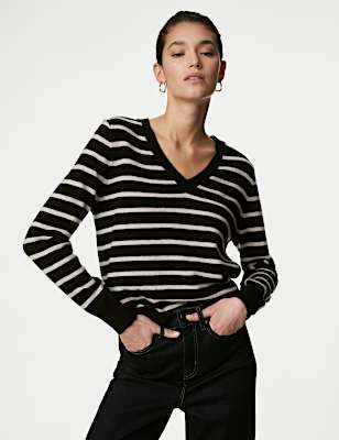 Pure Cashmere Striped V-Neck Jumper