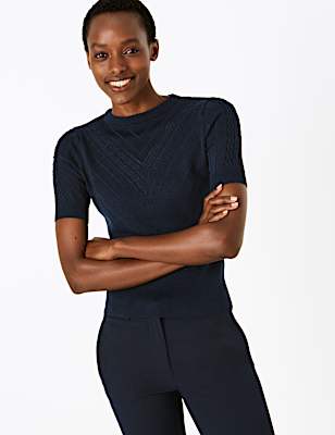 Ribbed Crew Neck Short Sleeve Knitted Top