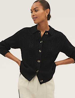 Soft Touch Cable Knit Collared Cardigan
