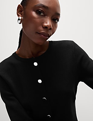 Textured Crew Neck Button Front Cardigan