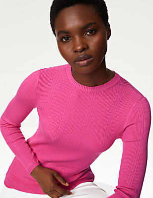 Ribbed Crew Neck Fitted Knitted Top