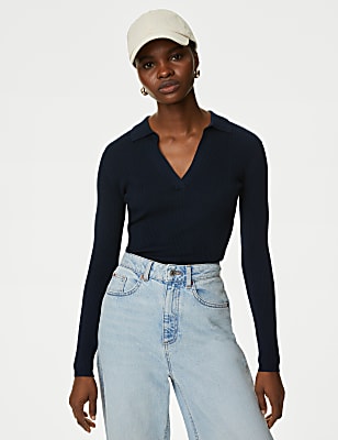 Ribbed Collared Fitted Knitted Top