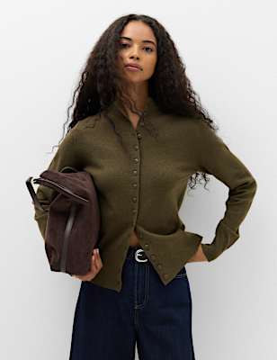 Funnel Neck Slim Fit Cardigan with Wool