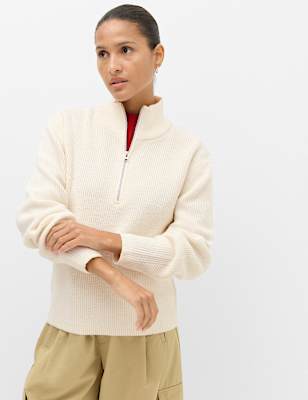 Wool Blend Textured Funnel Neck Half Zip Jumper